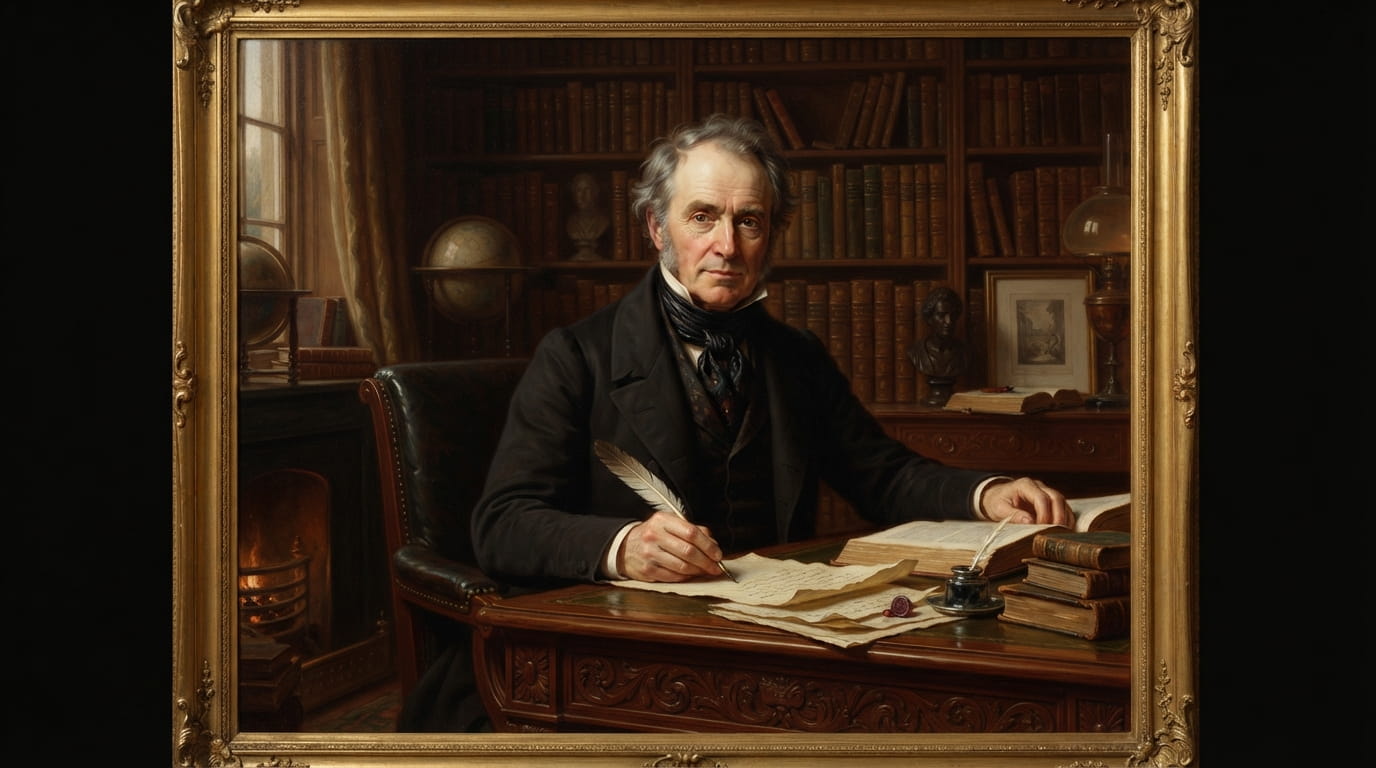 Portrait of Walter Savage Landor, seated at a writing desk with a quill pen, surrounded by books in his study.
