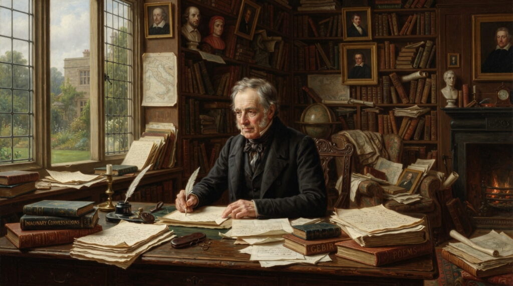 Walter Savage Landor writing at his study desk, surrounded by books, letters, and portraits of fellow writers.