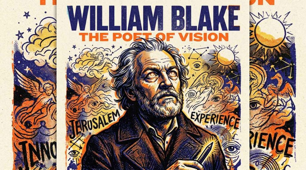 Illustrated poster of William Blake with symbolic elements representing imagination, innocence, experience, and visionary poetry.