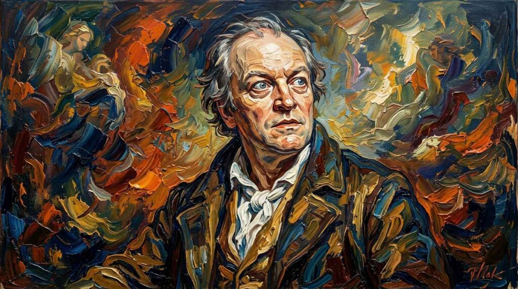 Artistic portrait of William Blake with expressive brushstrokes and swirling colors symbolizing imagination, vision, and poetic creativity.