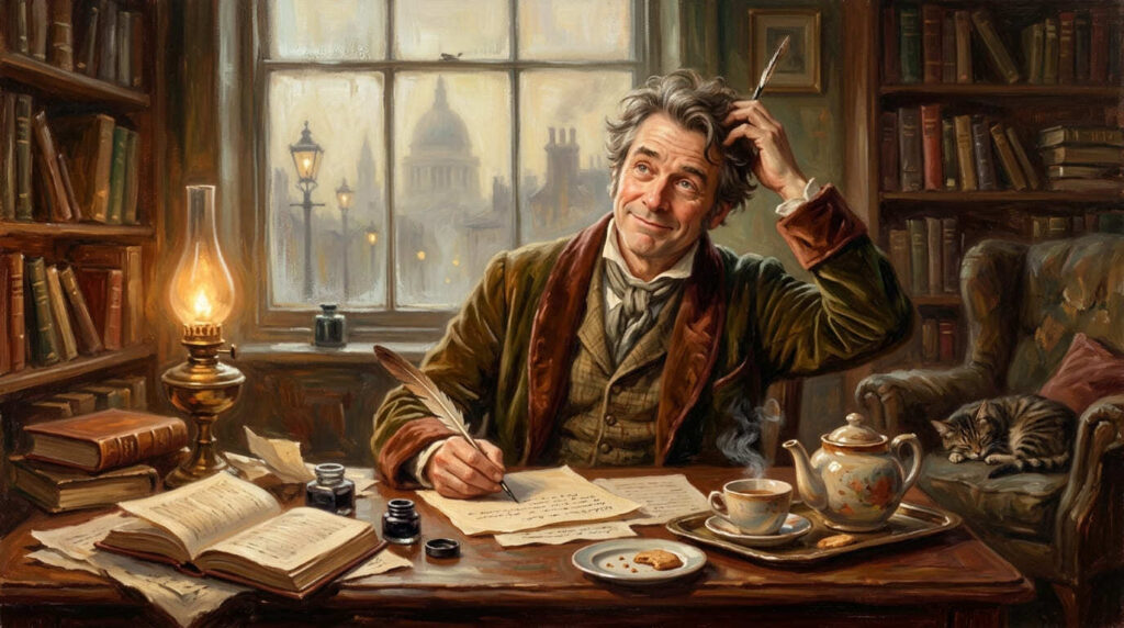 Charles Lamb writing with a quill at a desk surrounded by books, manuscripts, and a tea set