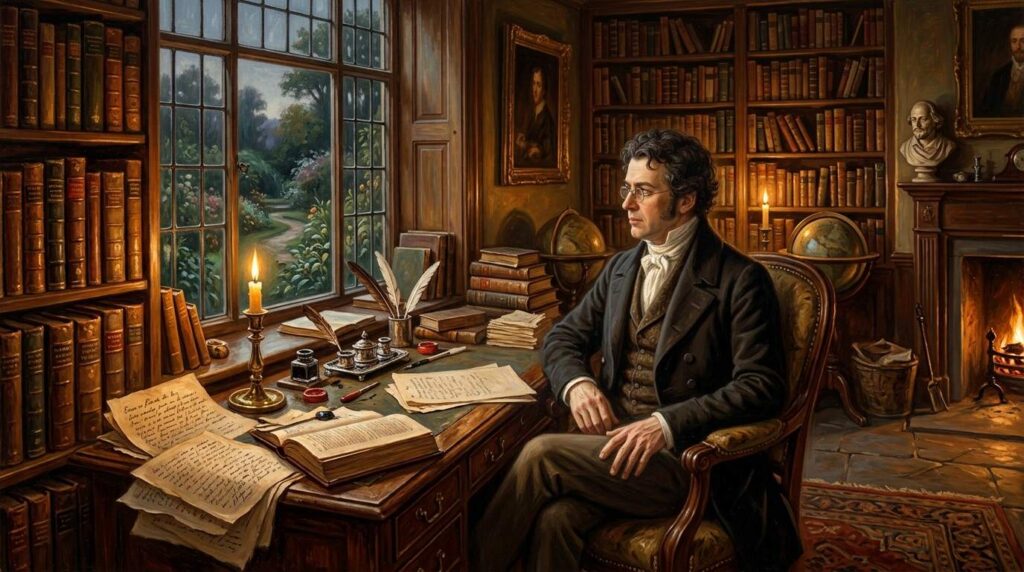A 19th-century essayist sits in an ornate library beside a writing desk, surrounded by books, manuscripts, quills, an oil lamp, and a fireplace overlooking a garden.