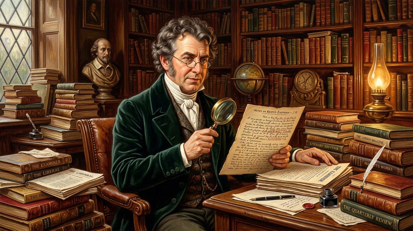 Leigh Hunt portrayed as a literary critic and essayist examining a manuscript with a magnifying glass in a library
