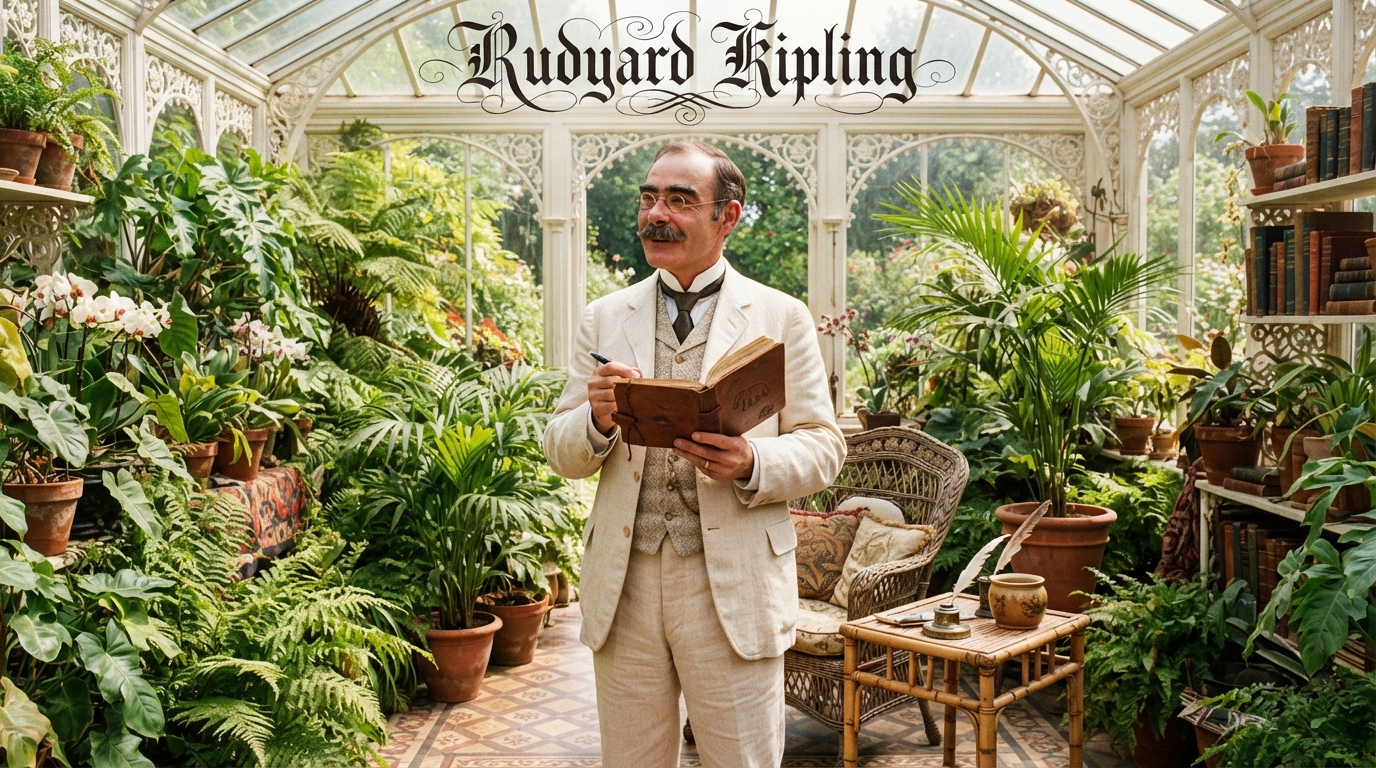 Rudyard Kipling as Victorian Writer reading in a greenhouse