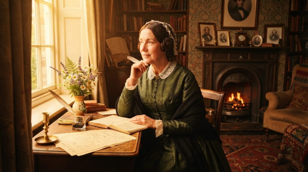 Elizabeth Gaskell as a Victorian novelist writing in her study