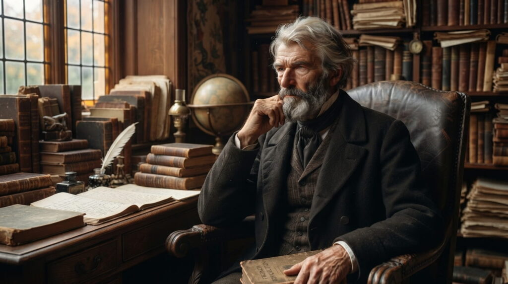 Thomas Carlyle as an essayist and historian — elderly Victorian writer in a study surrounded by antique books and a globe