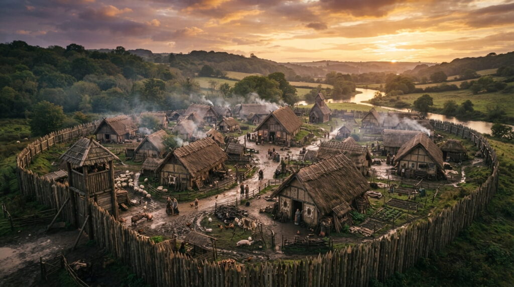 Anglo-Saxon village with wooden houses and thatched roofs