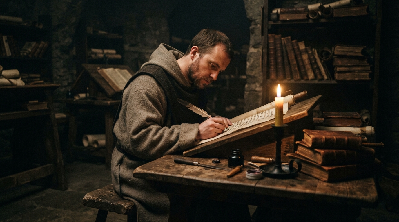Man writing in an Anglo-Saxon setting