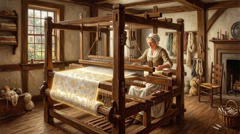 A colonial-era interior showing a woman weaving fabric on a large wooden loom, with yarn, tools, and household textiles arranged around her in a rustic workshop.